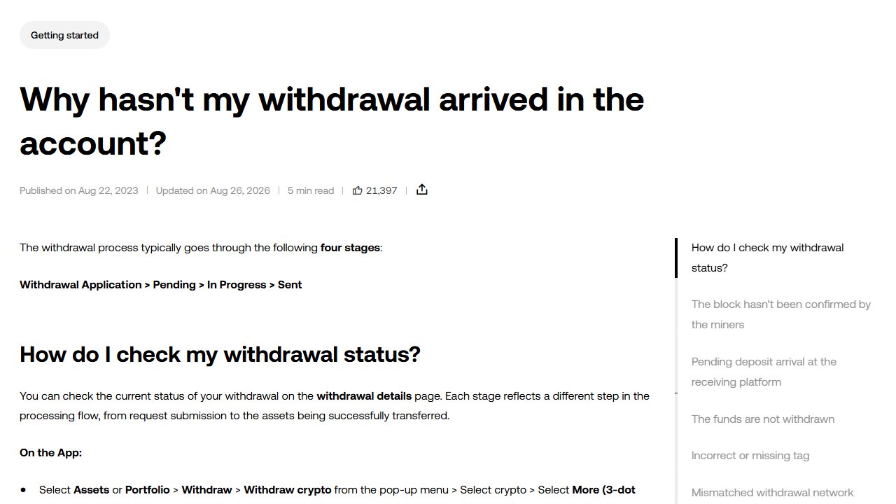 okx.com 官方页面截图：Why hasn't my withdrawal arrived in the account?